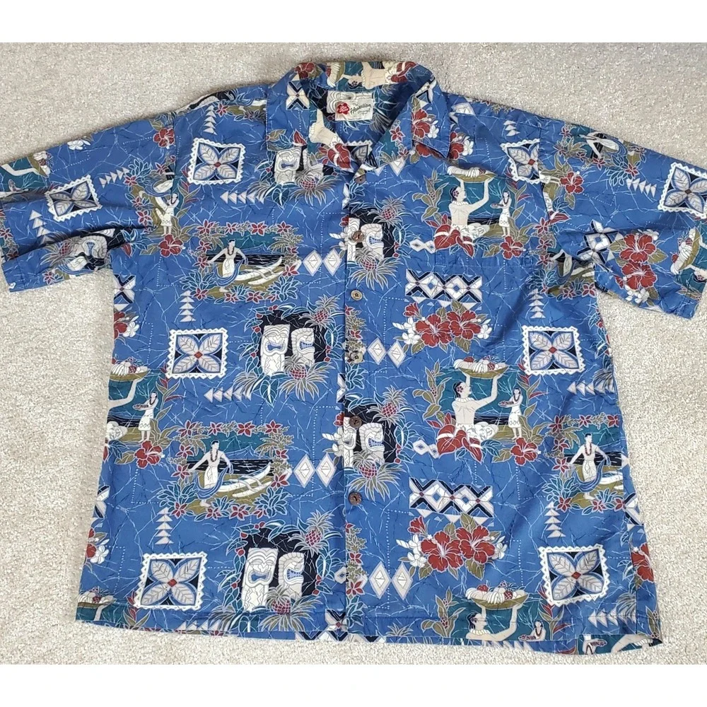 Hilo Hattie Made in Hawaii XL Button Up Shirt Blue Hawaiian Design PLEASE READ